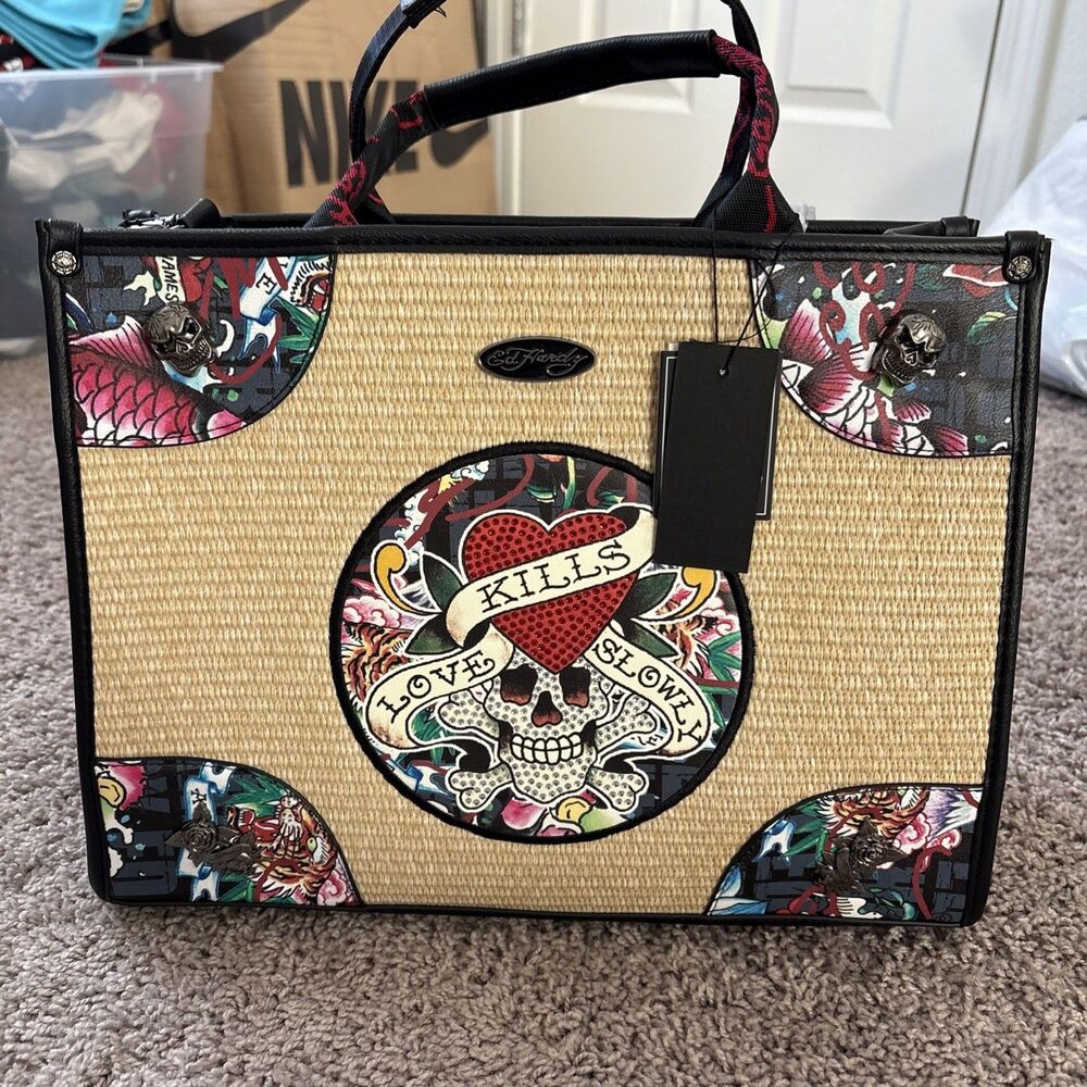 Ed Hardy Tattoo Heart Skull Embroidered Applique Metal Logo Plate Tote Bag New